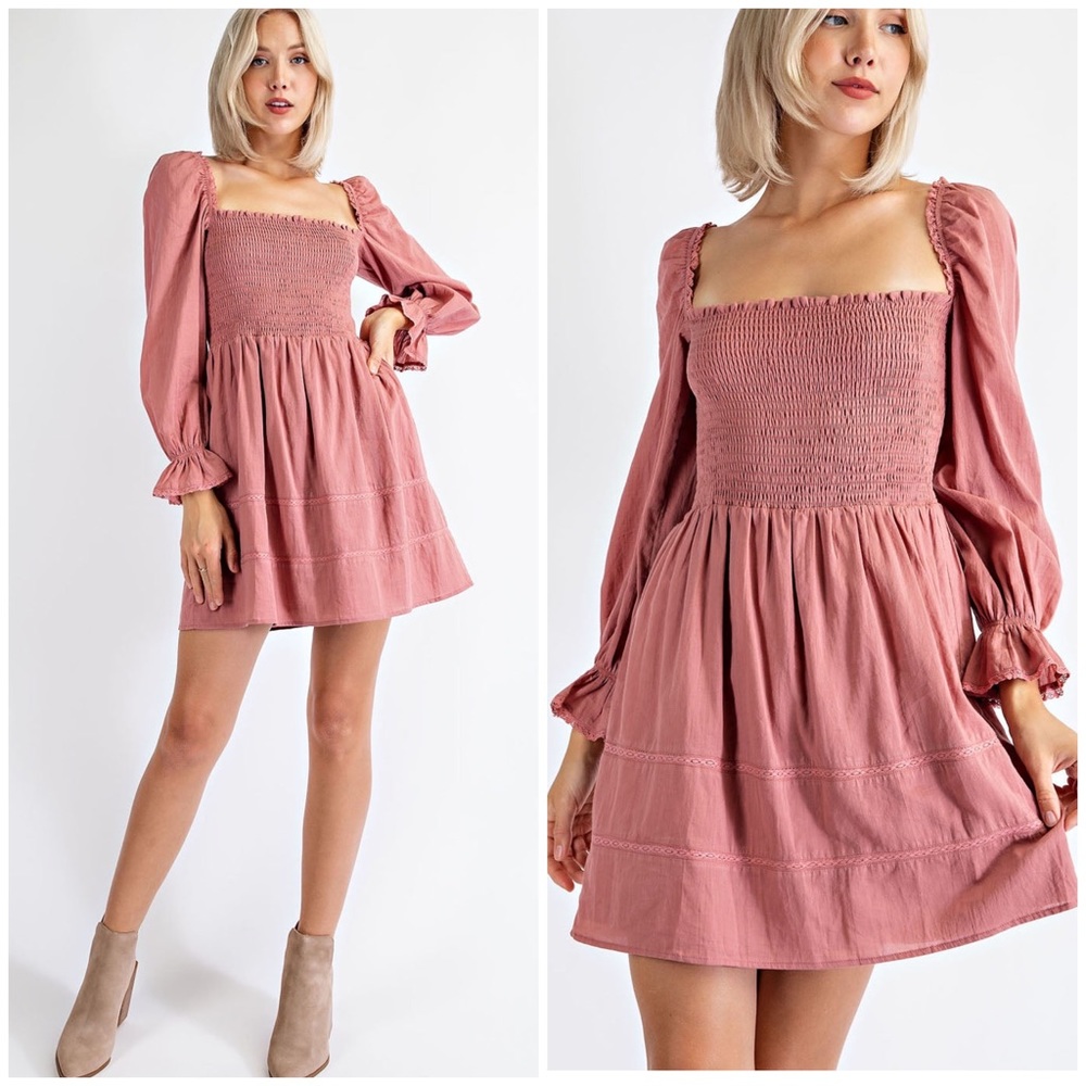 Edit By Nine Adorable Dusty Rose Smocked Bodice Long Puff Sleeves Dress